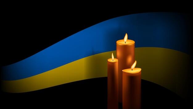 Vector ukrainian flag ribbon and three burning wax candles with shadow on black background commemorative banner of day of remembrance of dead
