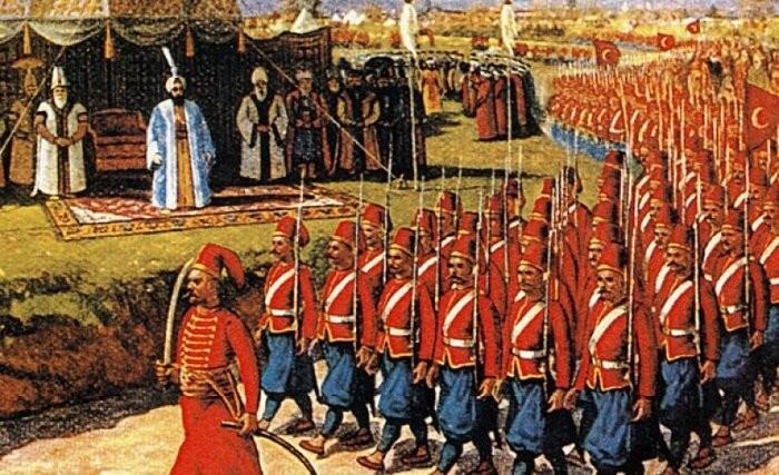 A painting shows the Ottoman army marching in the presence of the Ottoman sultan.