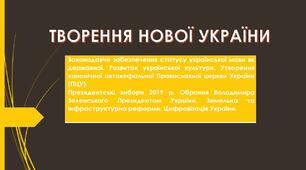 Законодавче забезпечення статусу української мови. Розвиток української культури. Утворення ПЦУ.  Президентські вибори 2019 р. Міжнародна підтримка України в умовах війни. Соціально-економічний розвиток України у 2014–2022
