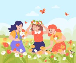 Premium Vector | Cute cartoon girls picking flowers on lawn or meadow
