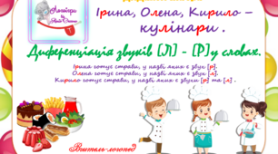 Дидактична гра "Ірина, Олена, Кирило - кулінари". Диференціація звуків (л)-(р) у словах.