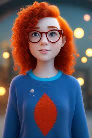 nice-sheep119: Short ginger 17-year-old girl with curly red hair at shoulder length and freckles splashed across her nose. She is wearing circular glasses and a blue sweater.