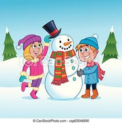 Kids building a snowman. Cartoon of a girl and boy building a snowman out in the snow with the girl about to add a top hat. | CanStock