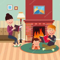 Father Reading Book to his Son near Fireplace. Mother Reading Book. Vector illustration Stock Vector Image by ©vectorlab #115476826