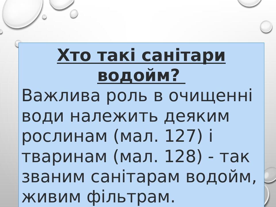 Хто такі санітари водойм?  Важлива роль в очищенні води належить деяким рослинам (мал. 127) і тваринам (мал. 128) - так званим санітарам водойм, жи...