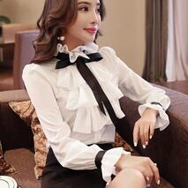 Women's Ruffles Bow Fashion Designer Chiffon Long-Sleeve Tops – International Women's Clothing - Women's fashion designer plus size clothes