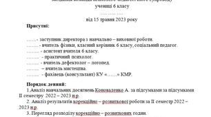 Протокол засідання команди супроводу №3 учениці 6 класу. легка розумова відсталість (ЛПІР)