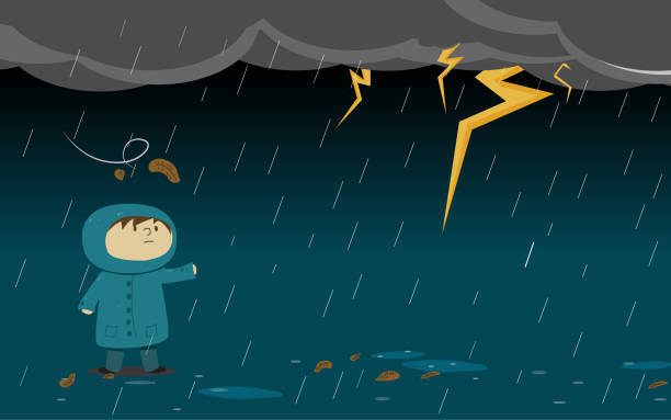 Kid Or A Guy Who Wear Rain Coat With Thumder Strom Stock Illustration - Download Image Now - Child, Cyclone, Torrential Rain - iStock