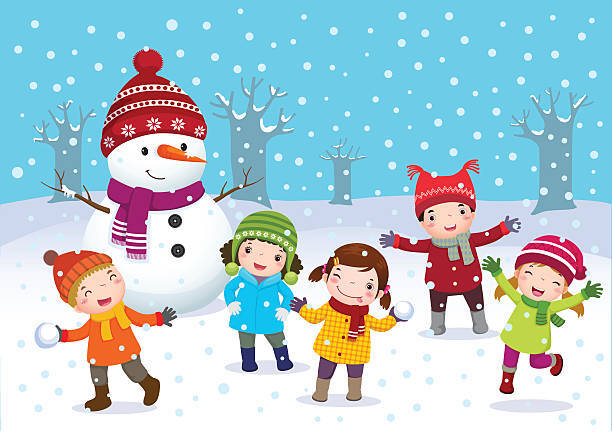 Kids Playing Outdoors In Winter Stock Illustration - Download Image Now - Child, Winter, Snow - iStock
