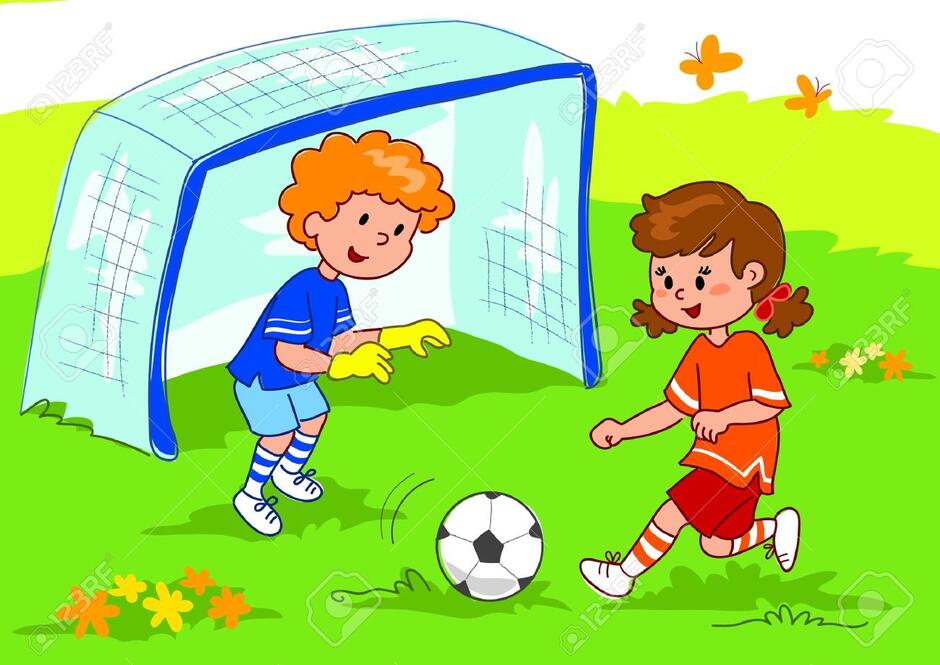Cartoon Boy And Girl Playing Football, Digital Illustration Stock Photo, Picture And Royalty Free Image. Image 13133107.