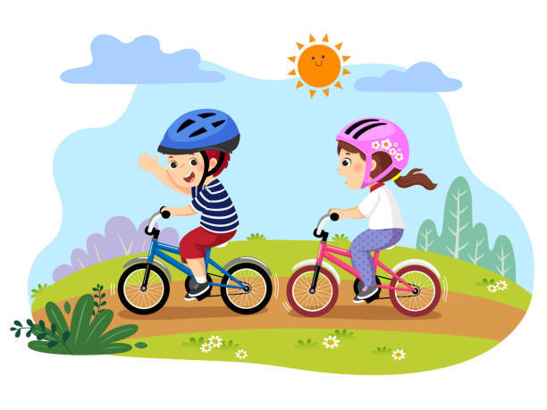 Vector Illustration Of Happy Kids Riding Bicycles In The Park Stock Illustration - Download Image Now - iStock