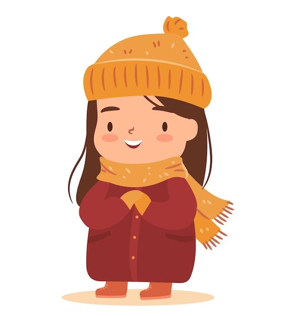 Premium Vector | Little cartoon girl in winter coat jacket happy cute girl in hat and scarf