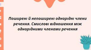 Презентація на тему: "Поширені й непоширені однорідні члени речення. Смислові відношення між однорідними членами речення"