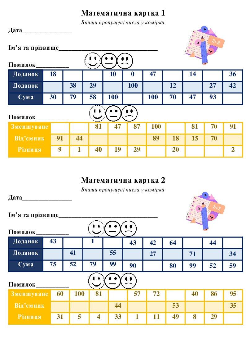 Математичні картки 2 клас | Інші методичні матеріали. Математика