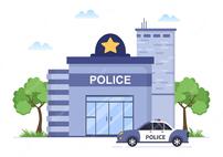 Векторная иллюстрация здания полицейского участка с полицейским и автомобилем в плоском мультяшном стиле | Премиум векторы