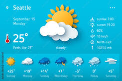 Weather forecast widget. Vector illustration. Daily weather forecast application template. Temperature, wind direction, atmosphere pressure, sunrise and sunset icons set. Paper cut climate signs Векторне зображення Stock | Adobe Stock