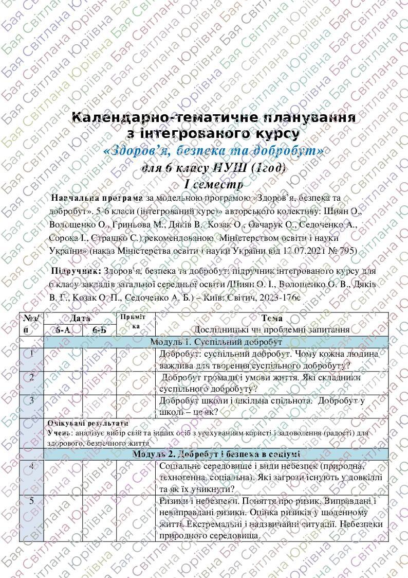 КТП «Здоров’я, безпека та добробут». 5-6 класи НУШ (за Шиян О.) | КТП ...