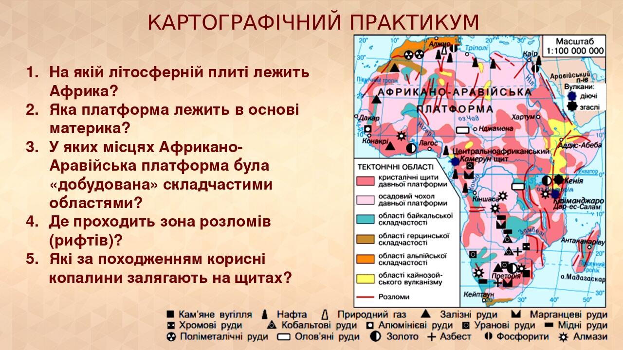КАРТОГРАФІЧНИЙ ПРАКТИКУМ На якій літосферній плиті лежить Африка? Яка платформа лежить в основі материка? У яких місцях Африкано-Аравійська платфор...