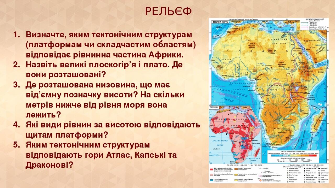 РЕЛЬЄФ Визначте, яким тектонічним структурам (платформам чи складчастим областям) відповідає рівнинна частина Африки. Назвіть великі плоскогір’я і ...