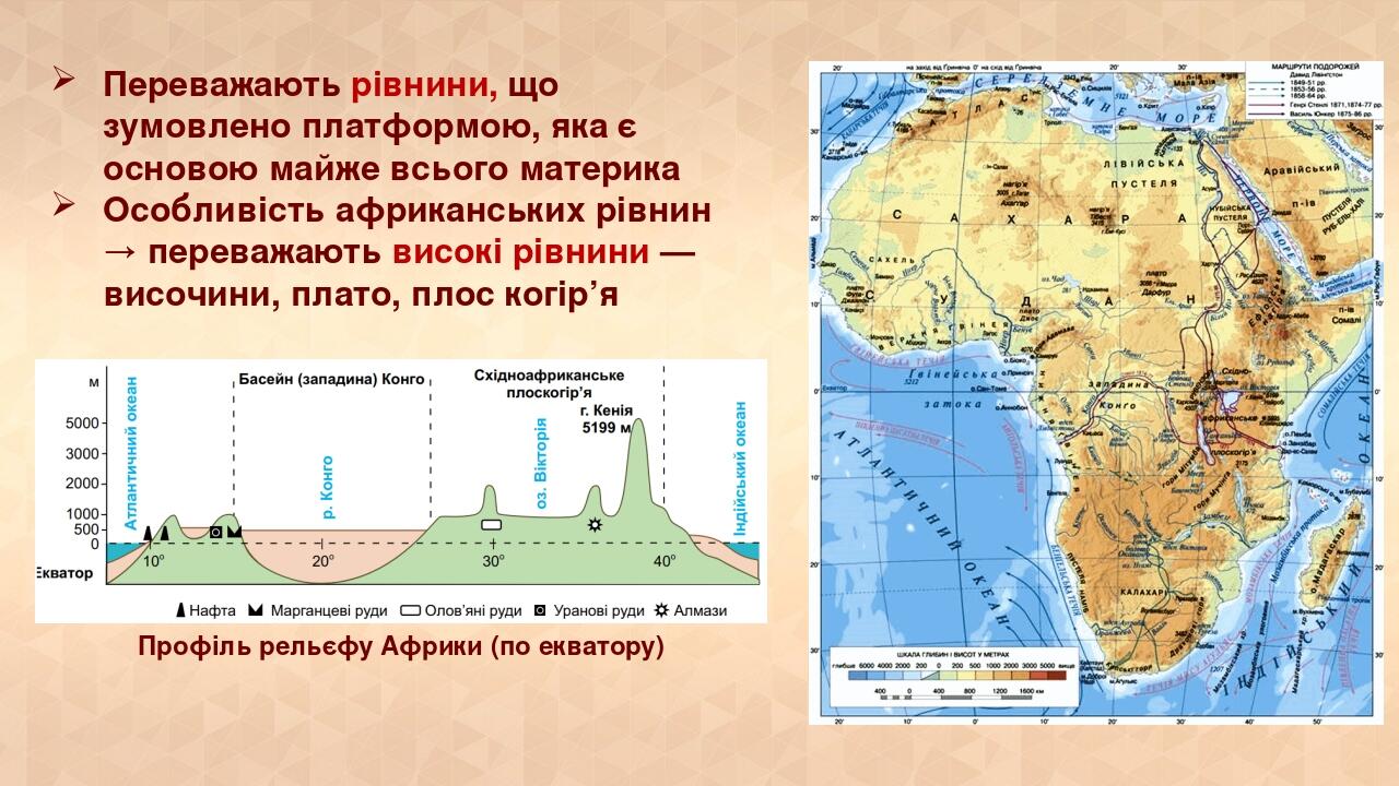 Переважають рівнини, що зумовлено платформою, яка є основою майже всього материка Особливість африканських рівнин → переважають високі рівнини — ви...