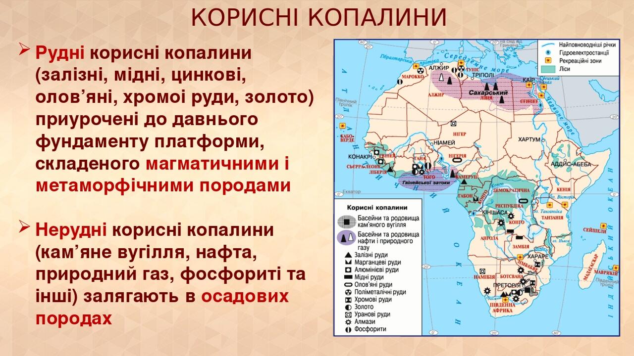 КОРИСНІ КОПАЛИНИ Рудні корисні копалини (залізні, мідні, цинкові, олов’яні, хромоі руди, золото) приурочені до давнього фундаменту платформи, склад...